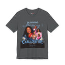 A heather blue short-sleeve t-shirt with a custom graphic print of a couple on the front, accompanied by the text 'Rohan & Ammya' and '25th Anniversary'.