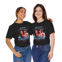 Two women wearing black t-shirts with colorful 'TEACHER' text design on a white background
