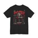 A black short-sleeve graphic t-shirt featuring a detailed red and white print of 'The Hayley Williams Show' tour 'Live in the USA' concert schedule on the back.