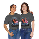 Two women standing side by side wearing matching dark gray memorial T-shirts with a printed family portrait and the text 'In Loving Memory Carla Jeffery' on a white background.