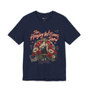 A navy blue short-sleeve t-shirt with a large graphic print on the front featuring the text 'The Hayley Williams Show' and an illustration of Hayley Williams surrounded by flowers and an American flag.
